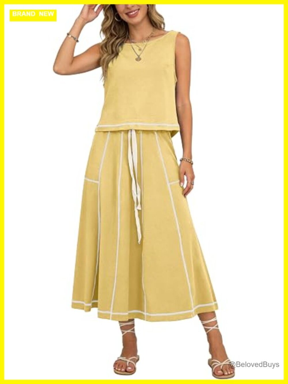 2 Piece Skirt Set Sleeveless Top Drawstring Midi Skirt